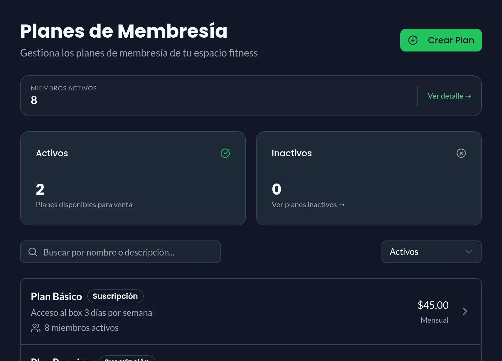 Pantalla de planes de membresía de Miritmo con Plan Básico y Plan Premium