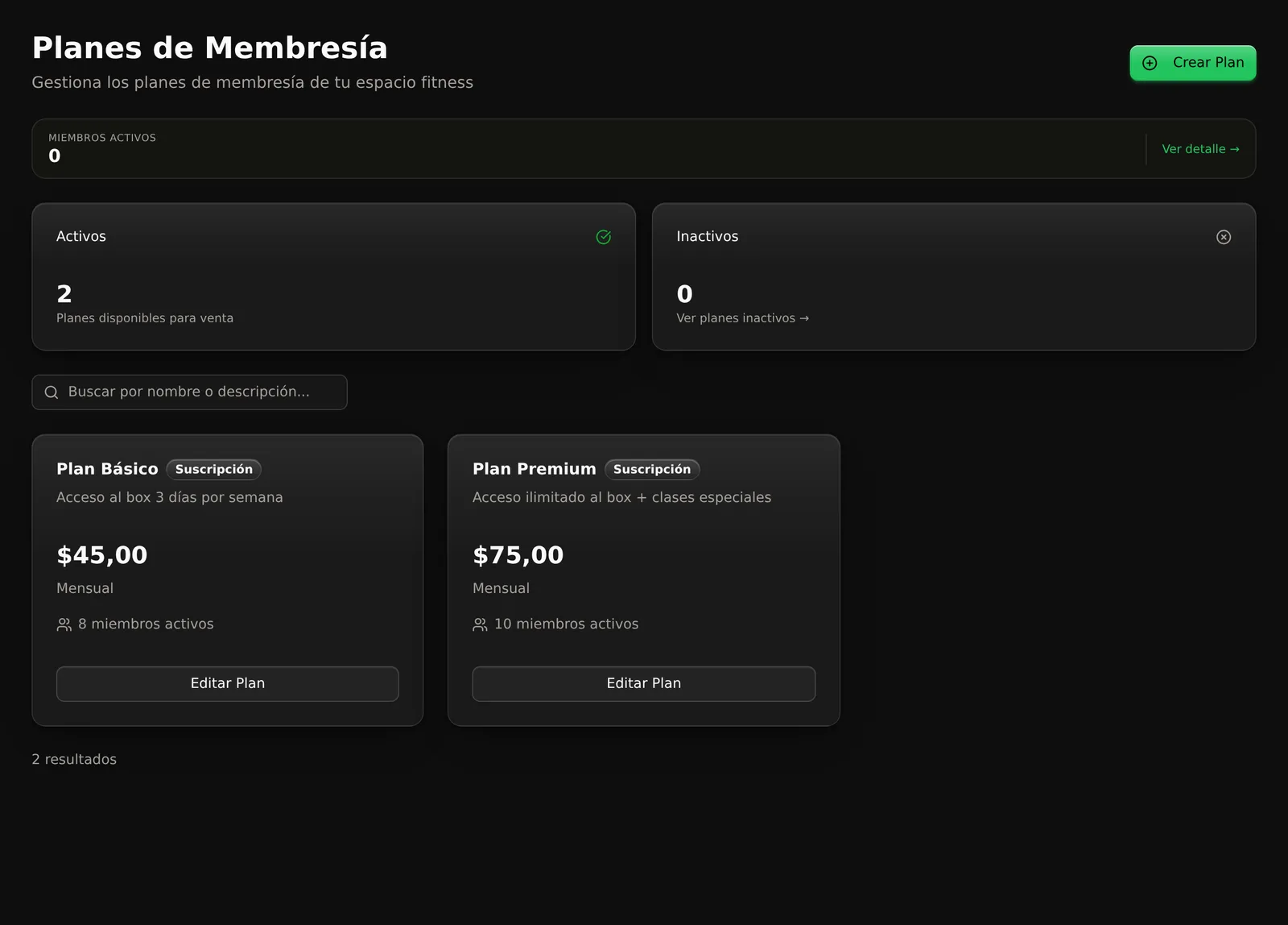 Pantalla de planes de membresía de Miritmo con Plan Básico y Plan Premium