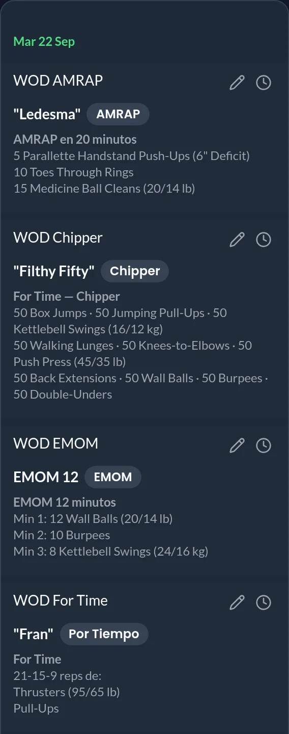 Columna del día con el contenido WOD de cada clase