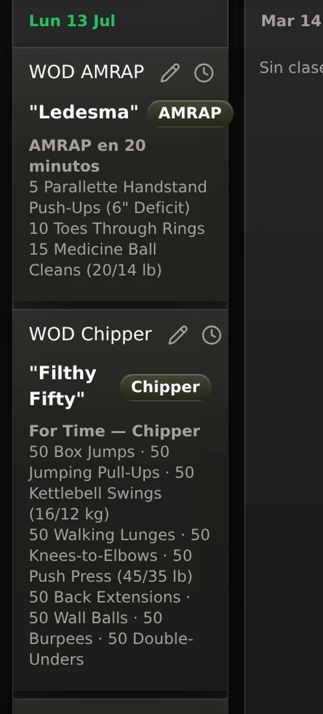 Columna del día con el contenido WOD de cada clase