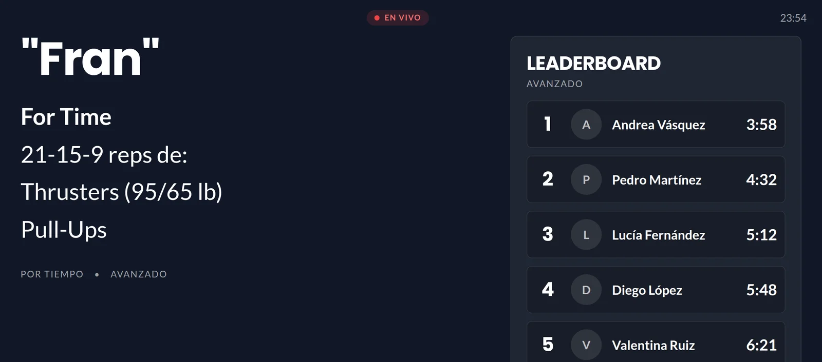 Pantalla de kiosko mostrando el WOD del día y el leaderboard en vivo